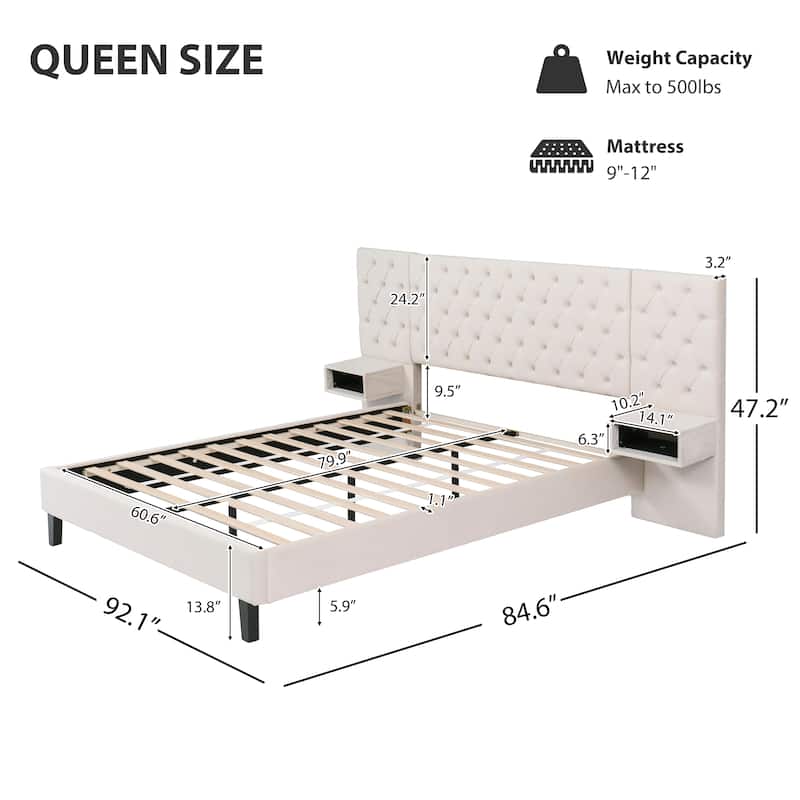 Low-Profile Platform Bed, Modern Velvet Upholstered Bed, Diamond Tufted Headboard Wingback Bed with 2 Nightstands Storage Bed