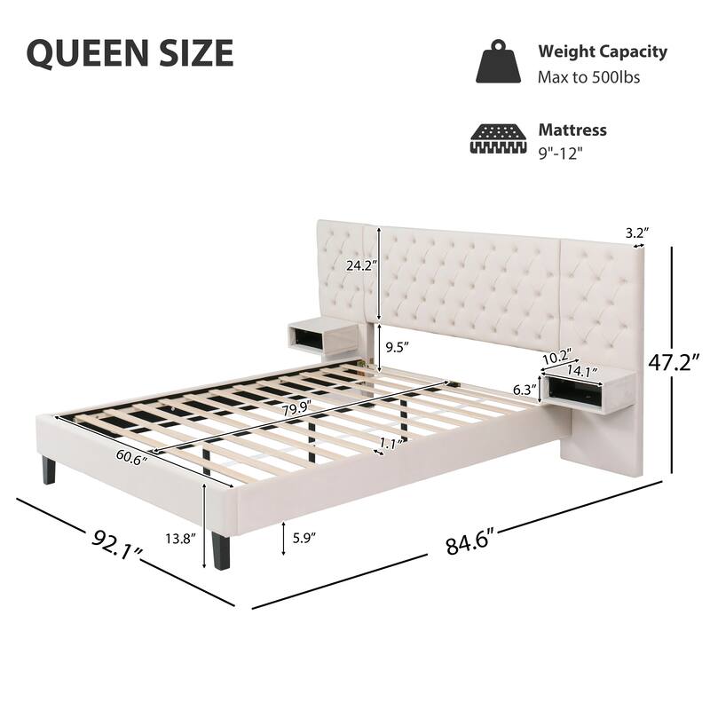Modern Velvet Upholstered Platform Bed with 2 Nightstands Storage Bed, Diamond Tufted Wingback Bed, Low Profile Panel Bed