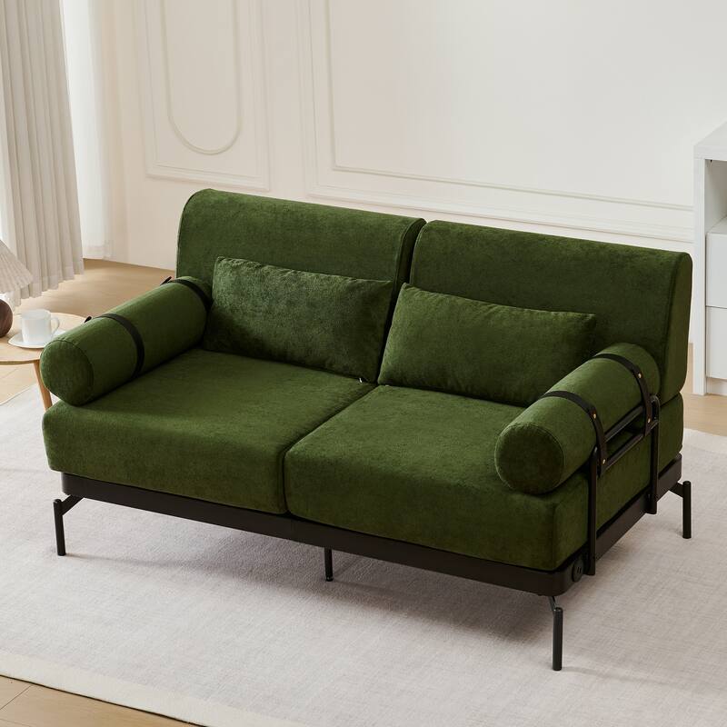 Chenille Loveseat Sofa, 59" 2 Seater Sofa with USB Ports, Round Arms, Adjustable Faux Leather Straps for Living Room - Green