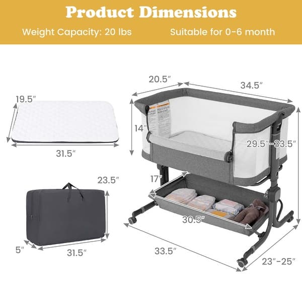 dimension image slide 0 of 3, Costway Baby Bassinet Bedside Sleeper with 6-Level Adjustable Height - See Details