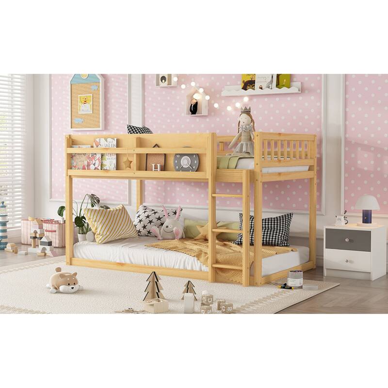 Roomfitters Twin Over Twin Bunk Bed, Low Floor Loft Platform Bed and Shelf with Wooden Frame for Bedroom