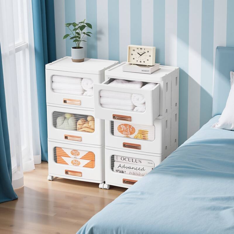 VECELO White Rolling Storage Cabinet with Transparent Doors 1/2/3-Tier Plastic Storage Bins with Wheels for Bedroom Living Room