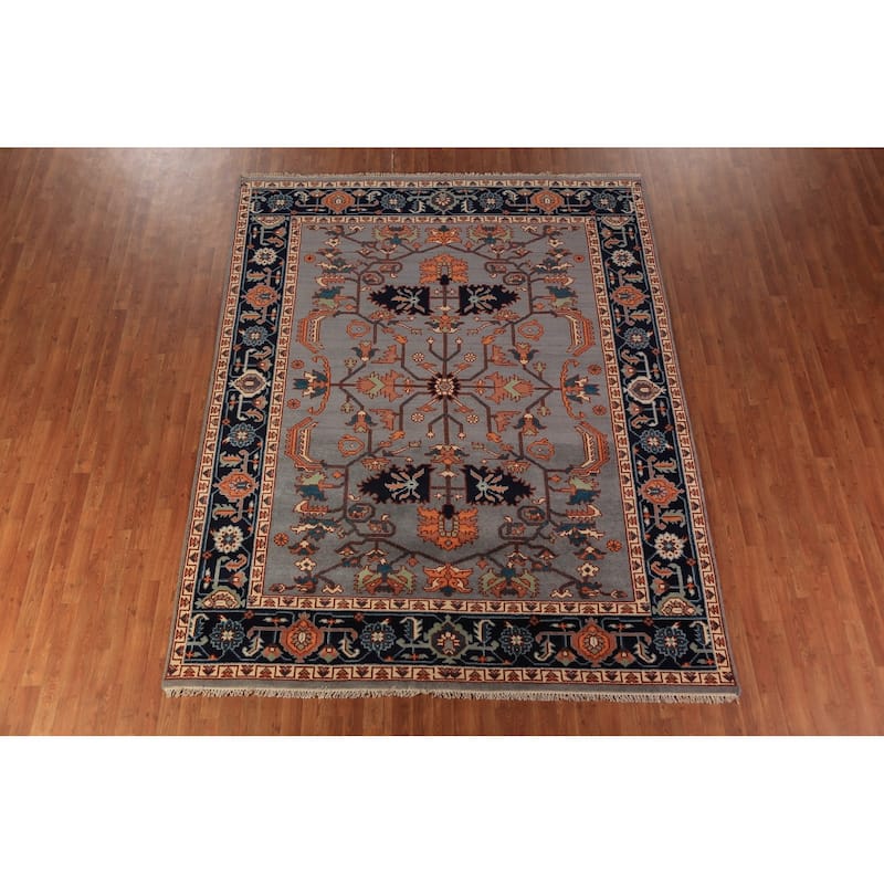 Gray Blue Geometric Kazak Indian Area Rug Handmade Wool Carpet - 7'10"x 9'11"