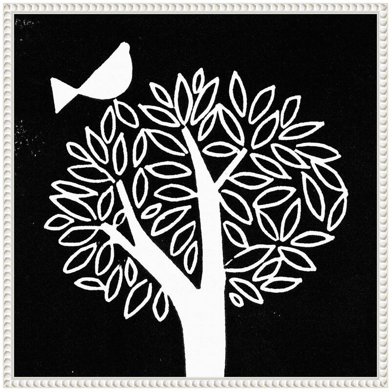 Kate and Laurel Sylvie Black and White Bird Tree Linocut Framed Canvas by Giuliana Lazzerini