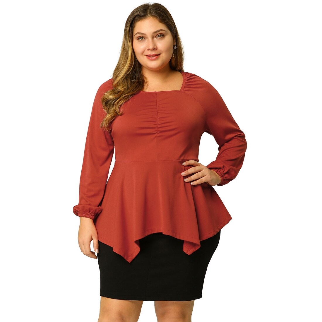 Ultimate orientering tidligere Womens Plus Size Square Neck Lantern Sleeve Ruched Tops Waist Tunics -  Overstock - 29124258