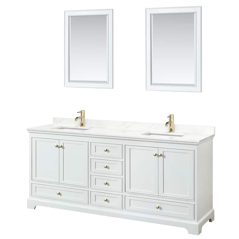 Deborah 80-inch Double Vanity, Quartz Top, 24-inch Mirrors - White, Gold Trim, Giotto Quartz Top