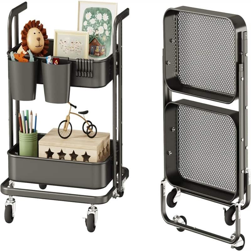 2 Tier Foldable Rolling Cart - 17.3"D x 18.3"W x 24.2"H - Black