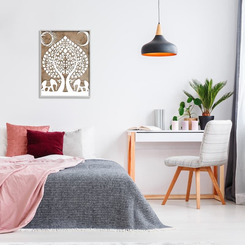 Stupell Boho Elephants Tree of Life Abstract Sun Moon Framed Wall Art - White