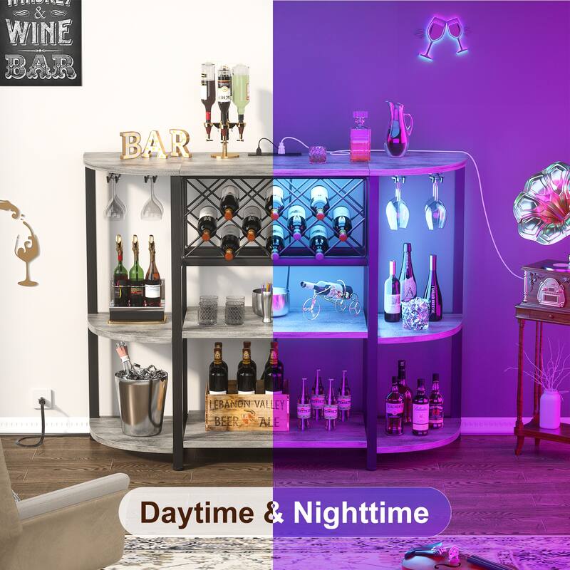 4-Tier Wine Bar Cabinet with Outlet and LED Light,Freestanding Bar Table with Glass Holder and Wine Storage