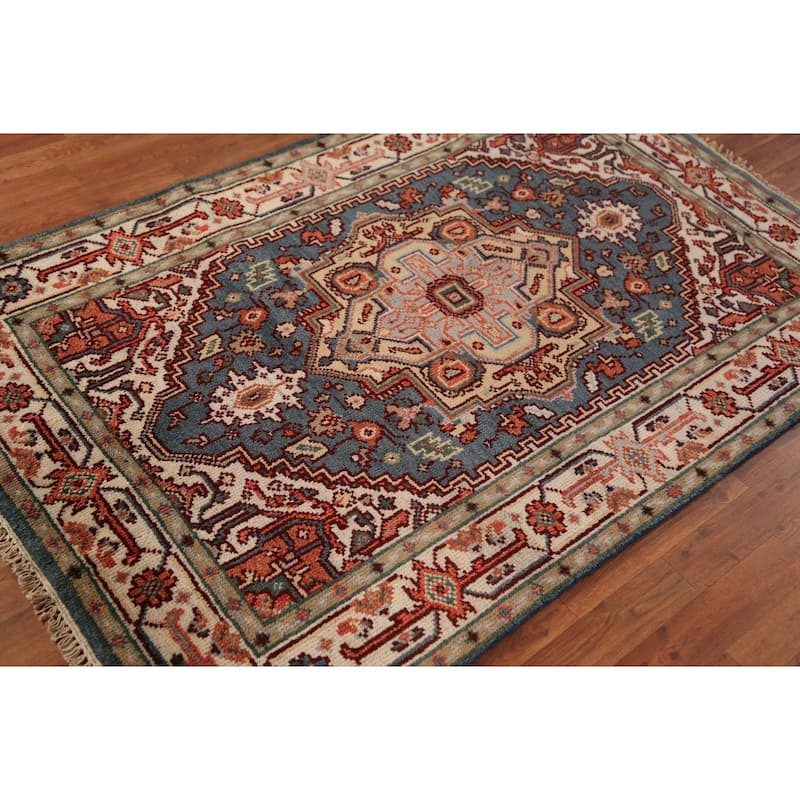 Blue Geometric Heriz Serapi Oriental Rug Hand-Knotted Wool Carpet - 4'0"x 6'1"