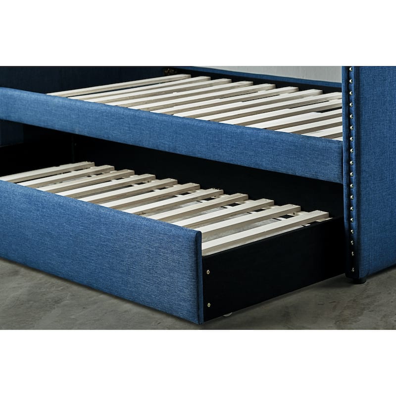 Fabric Upholstered Day Bed with Pull-out Trundle Nailhead Trim Wood