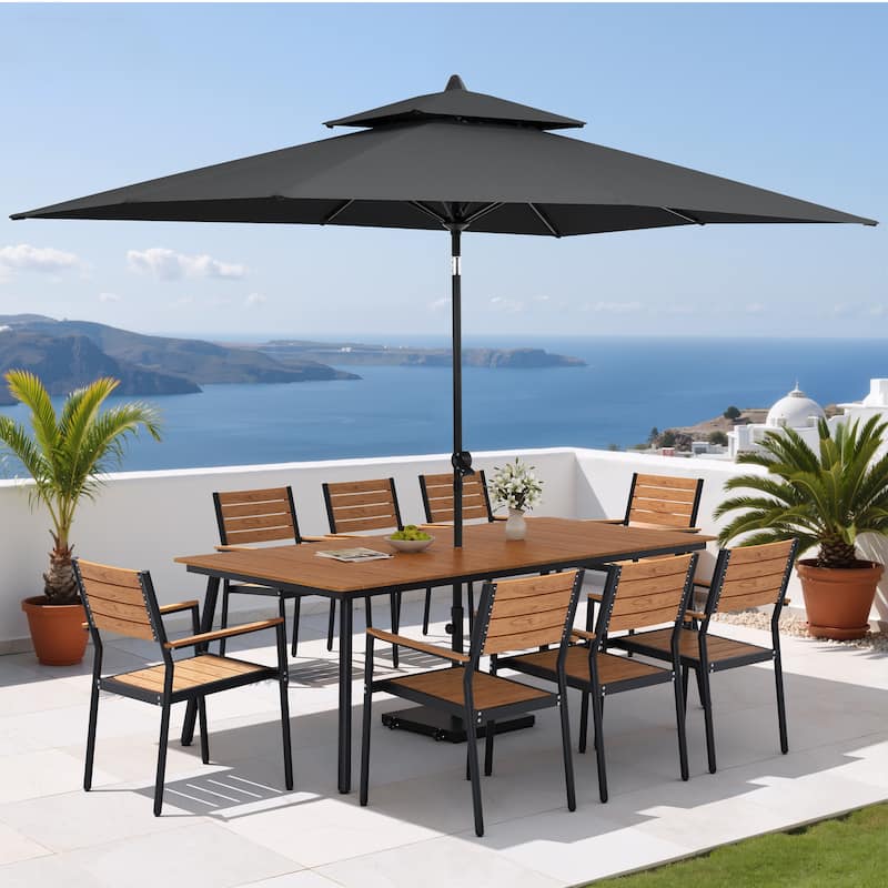 11PC Outdoor Patio Dining Set Aluminum Table with Stackable Armchairs w/ Premium Market Umbrella Sets - BrownTable&BrownChairs&BlackUmbrella