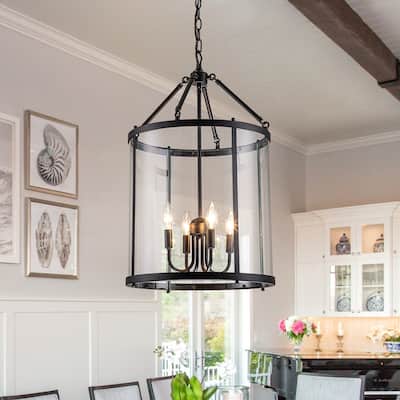 4 - Light Farmhouse Lantern Glass Drum Chandelier for Entryway