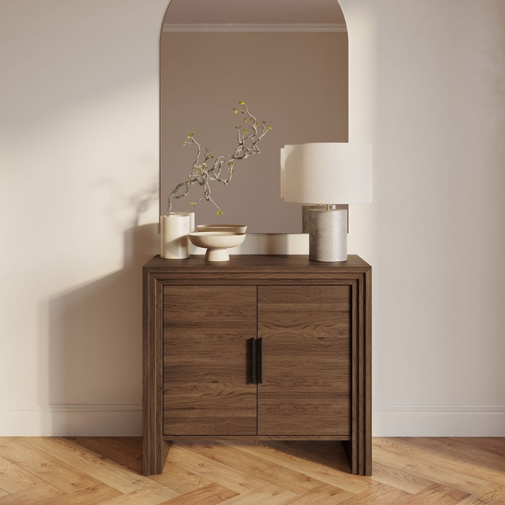 OVE Jenna 35 in. Modern Fluted Accent Cabinet in Warm Walnut with Matte Black Hardware