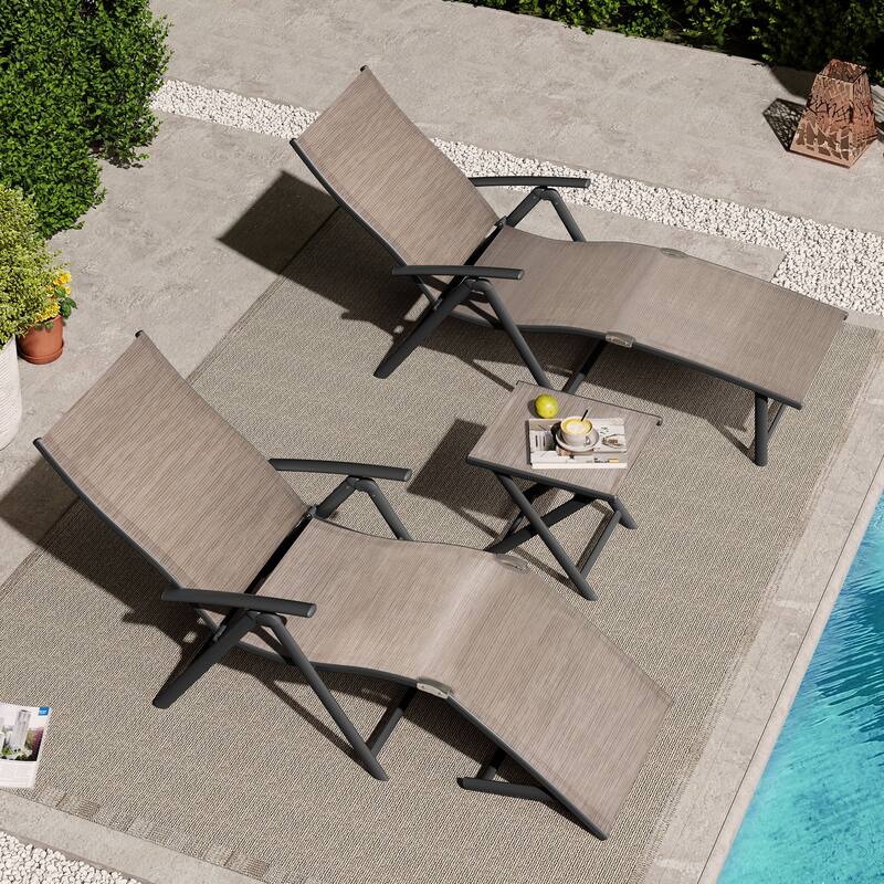 VredHom Outdoor Portable Folding Chaise Lounge Chair with Table (Set of 3) - 70" L x 20" W x 14" H - Espresso