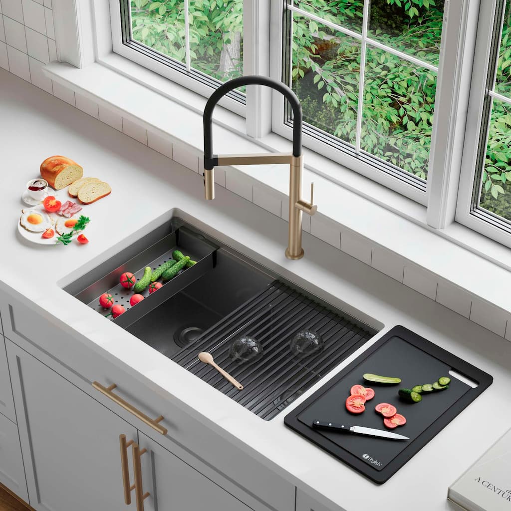 STYLISH 32 inch Stainless Steel 16G 50/50 Double Bowl Workstation Sink Dura-Tek