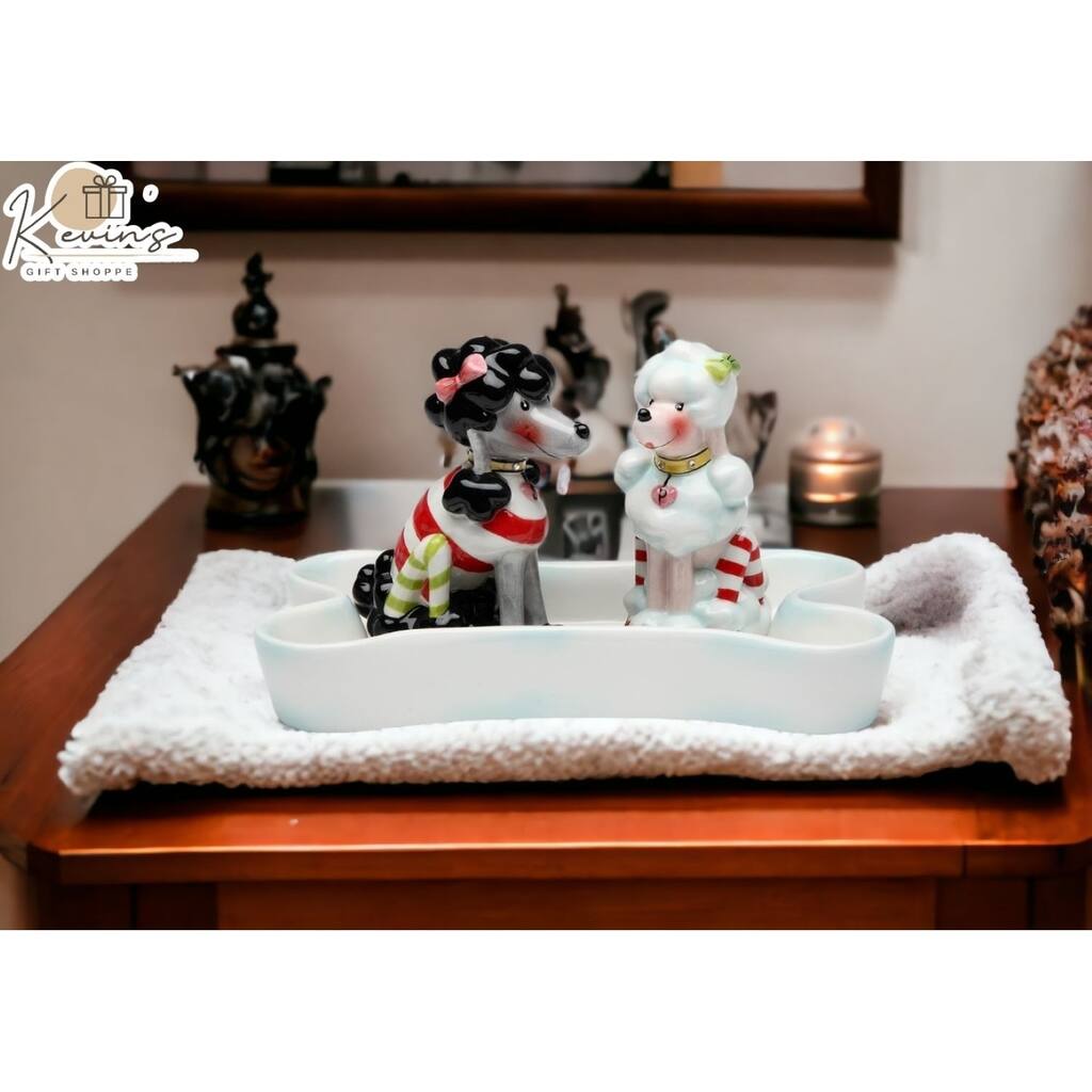 Ceramic Poodle Dogs Salt And Pepper Shakers With Bone Tray Gift - 2pcs