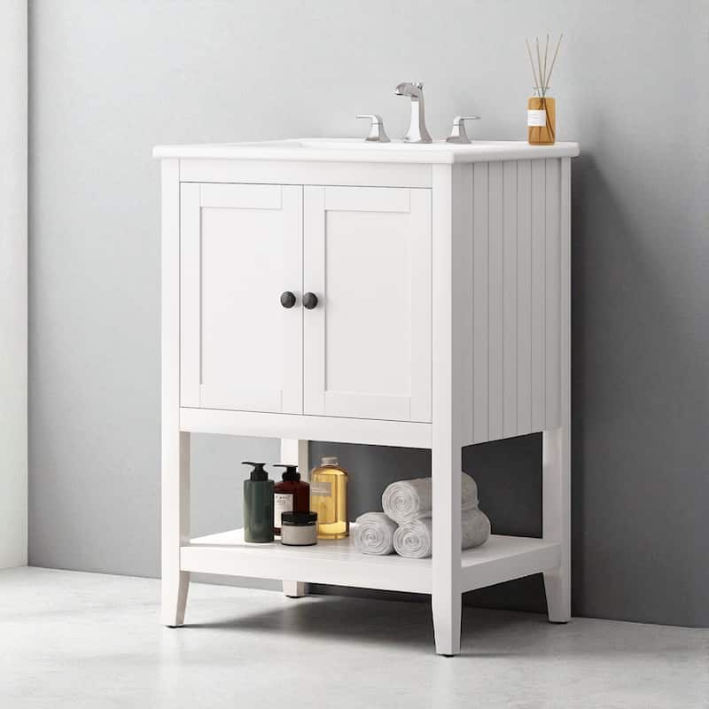 24" Modern White Bathroom Vanity with Elegant Ceramic Sink and Solid Wood Frame, Open Shelf Storage - White