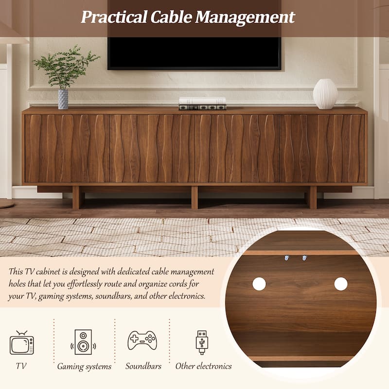 Rossetta Farmhouse Style Natural Elegance Wavy Push-to-Open Door Design with Cable Management and Storage Space, up to 75"