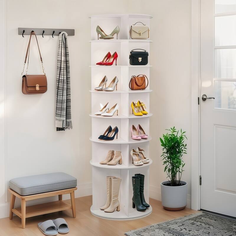 7 Tier Rotating Shoe Rack, High Bottom Design Rotating Shoe Rack Tower, Free Standing 360°Spinning Shoe Organizer - White