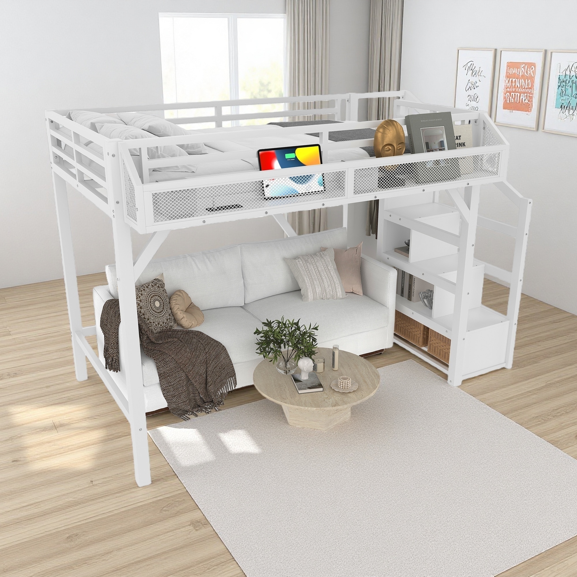 Twin XL Metal Loft Bed with Storage Stairs, Built-in Wardrobe & Shelves, USB Ports, LED Lights, Noise-Reduced Design