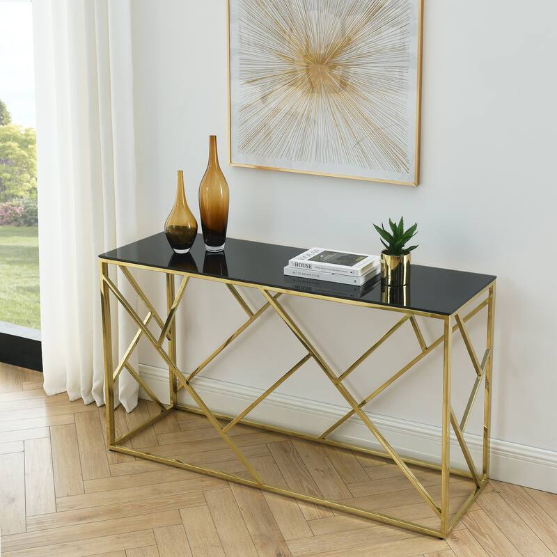 Modern Glass Console Table, Sofa Table with Sturdy Metal Frame and Tempered Glass Top - 55.1" x 17.7" x 30.7" - Polished Golden