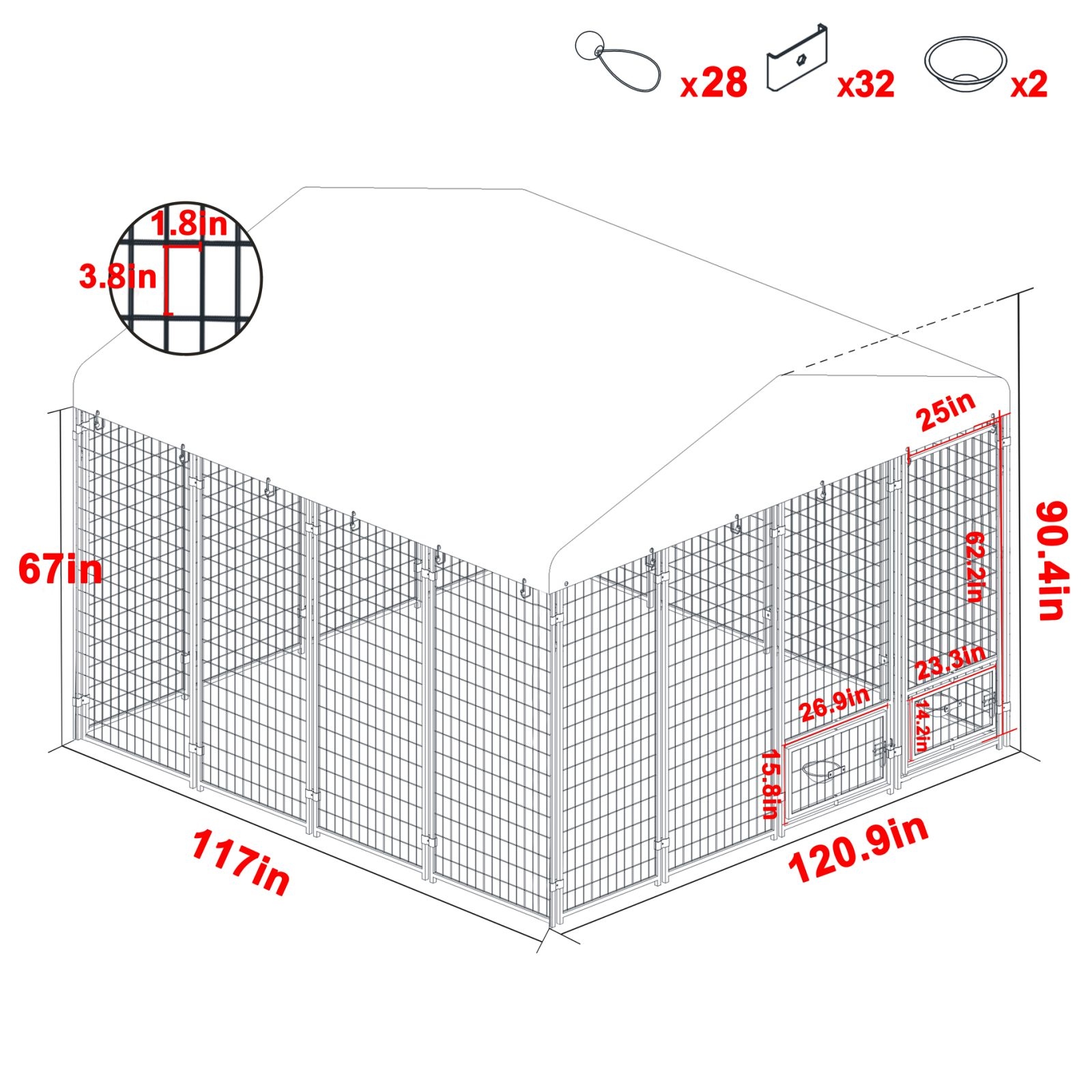 VEIKOUS Outdoor Dog Cage Kennel Fence with Rotating Feeding Door, Cover, and Stainless Bowls