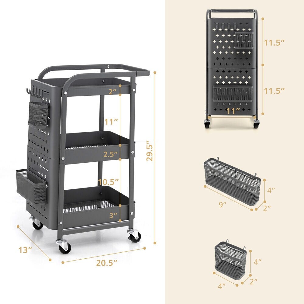TOOLF 3-Tier Utility Cart, Metal Rolling Storage Cart with DIY Pegboards,  Art Craft Trolley with Baskets Hooks, Organizer Serving Cart Easy Assemble