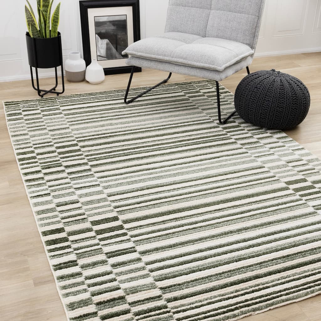 Nalani Collection - Ribbed Texture Soft Green Cream Rows Area Rug
