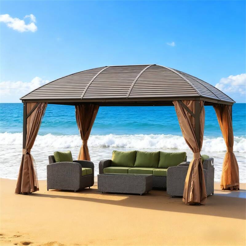 10' x 13' Hardtop Gazebo with Curtains and Netting, Pavilion with Steel Roof Ceiling Hook
