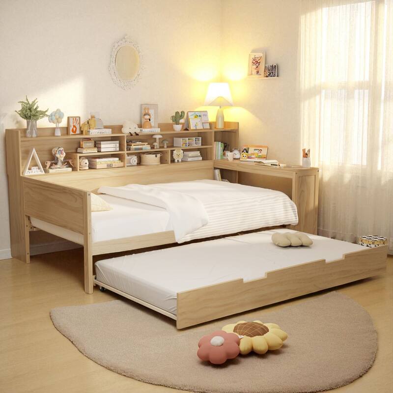 Twin Size Wood Daybed with Trundle, Storage Shelves and Built-in Study Desk, Multifunctional Space-Saving Bed