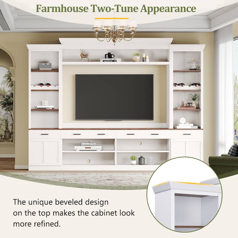 Farmhouse 4-Piece Entertainment Center with Bookshelf, for TVs Up to 70" - 108.2" W × 16.3" D × 80.4" H