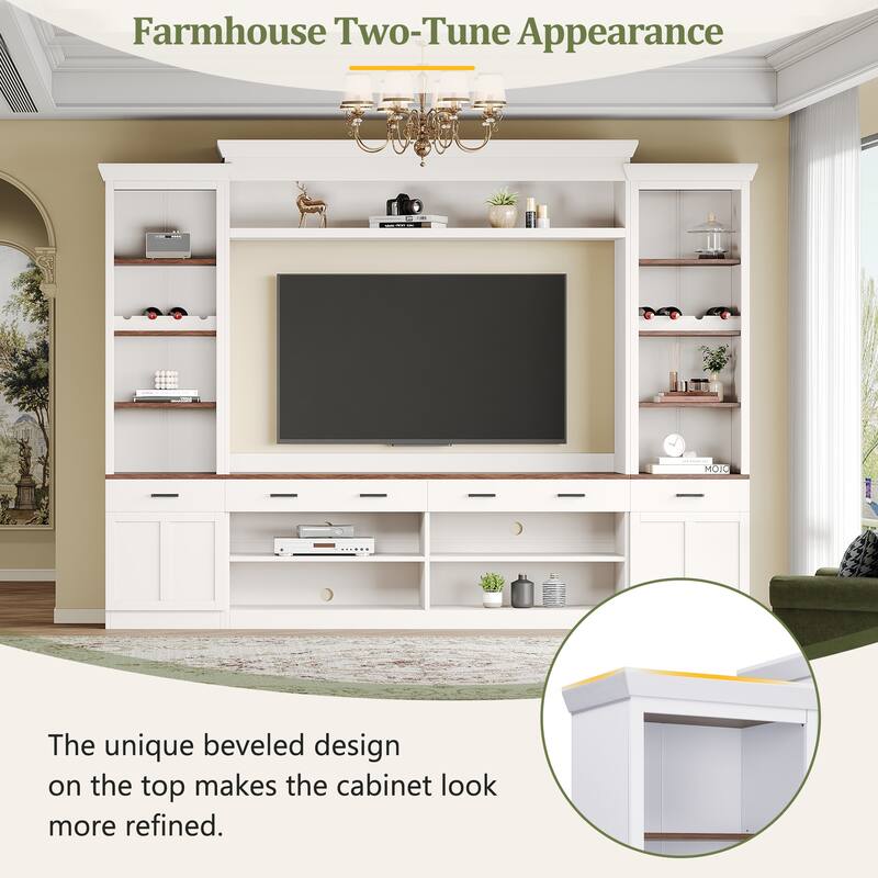 Roomfitters Mid-Century 4-Piece Entertainment Wall Unit with Bookshelves, TV Stand for TVs up to 70" withShelves and Wine Rack