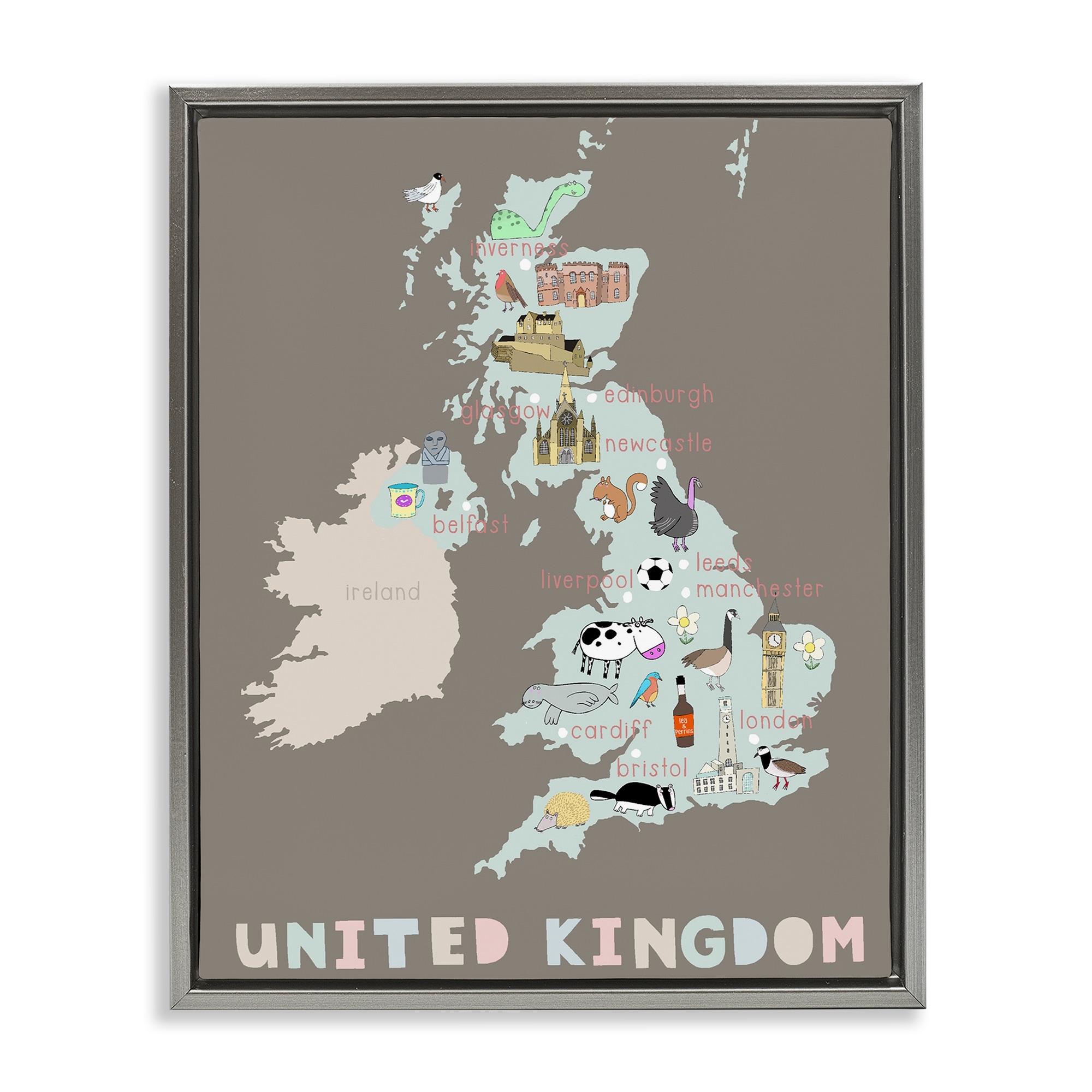 Stupell Kid's Map of United Kingdom Framed Floater Canvas Wall Art Design By Carla Daly