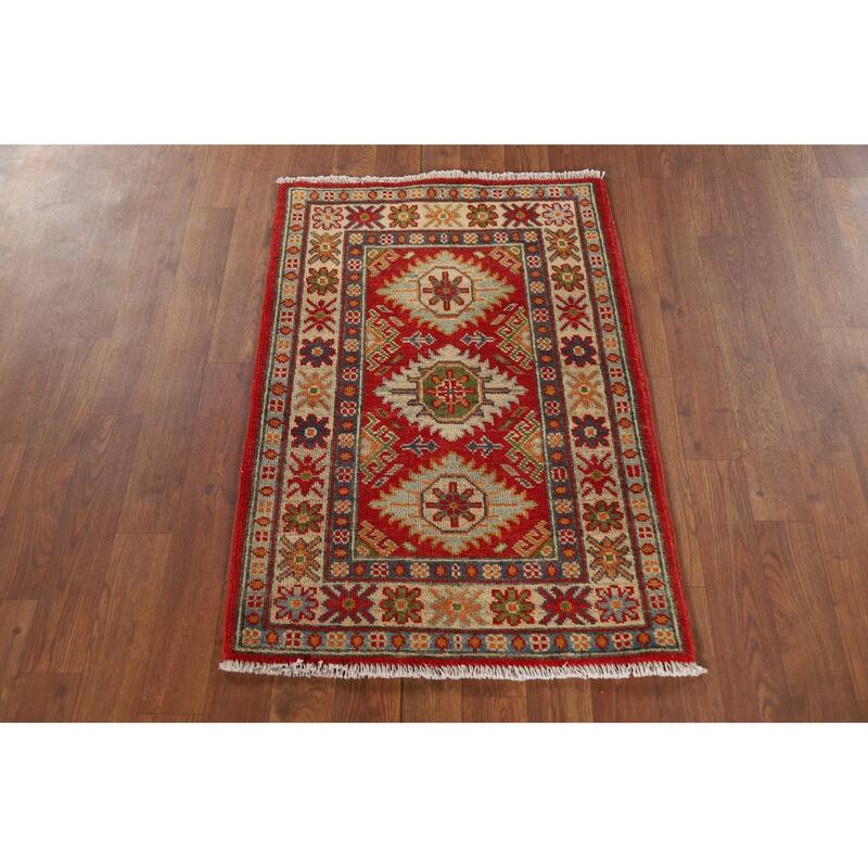 Geometric Kazak Oriental Foyer Rug Handmade Red Wool Carpet - 2'0" x 2'11"
