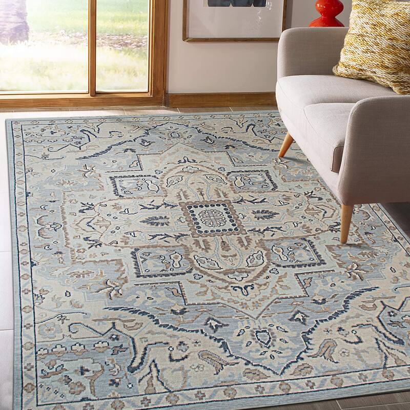Home Decor Blue Hand-Knotted Wool Oriental Design Rug by EORC Luxurious Area Rug for Adding Timeless Elegance and Classic