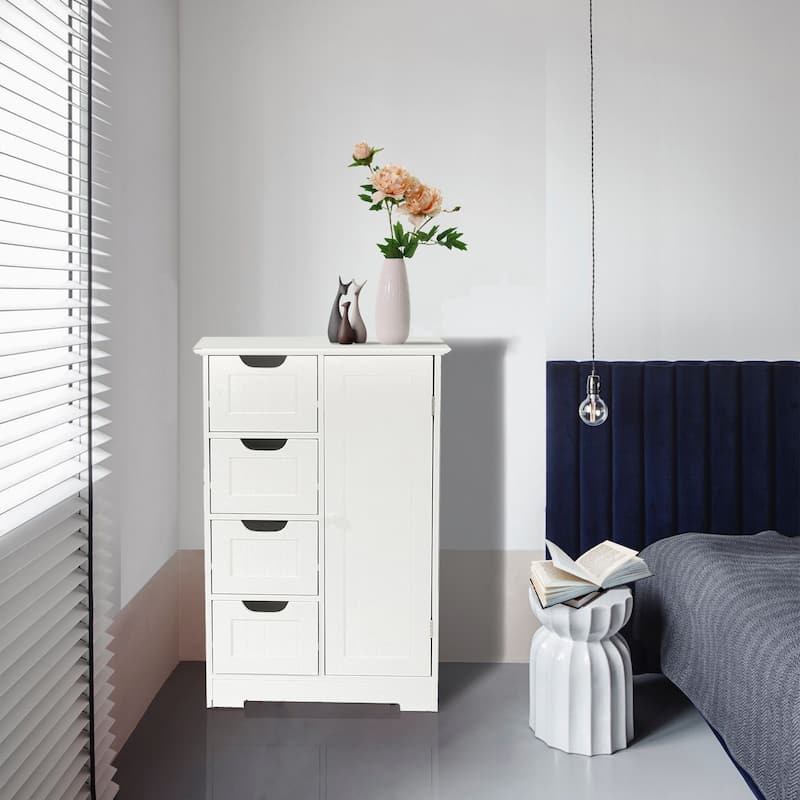 White Wood 4-Drawer 1-Door Bathroom Storage Cabinet - 32.68" H x 22.05" W x 11.81" D