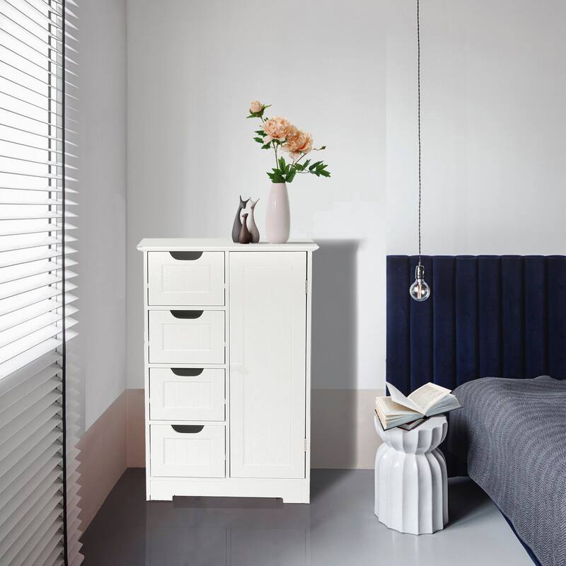 White Wood 4-Drawer 1-Door Bathroom Storage Cabinet - 32.68" H x 22.05" W x 11.81" D