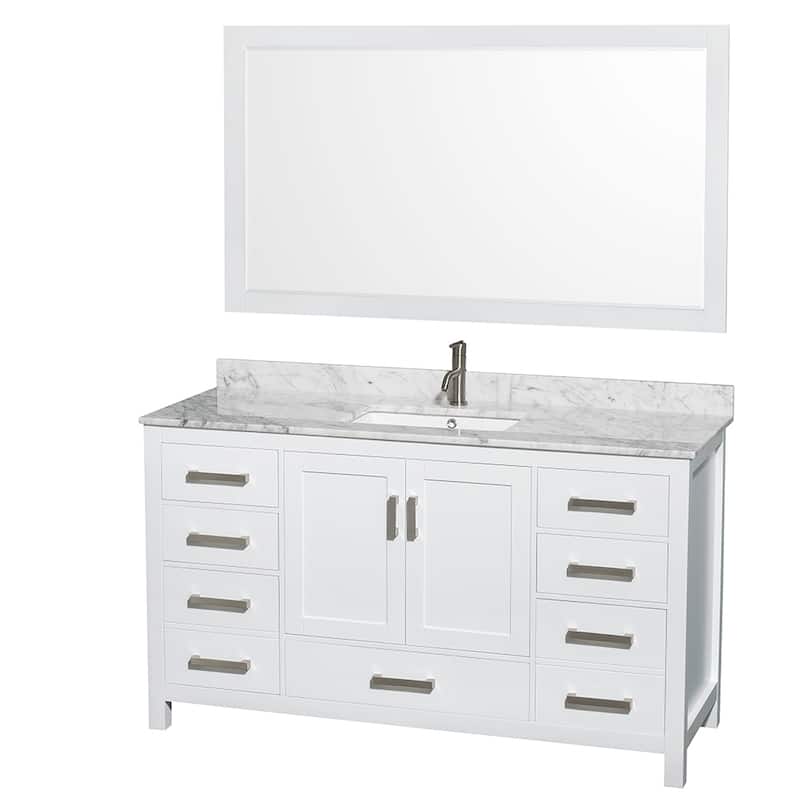 Wyndham Collection Sheffield Single Vanity Set, 58-inch Mirror - White, White Carrara Marble Top, Chrome Trim