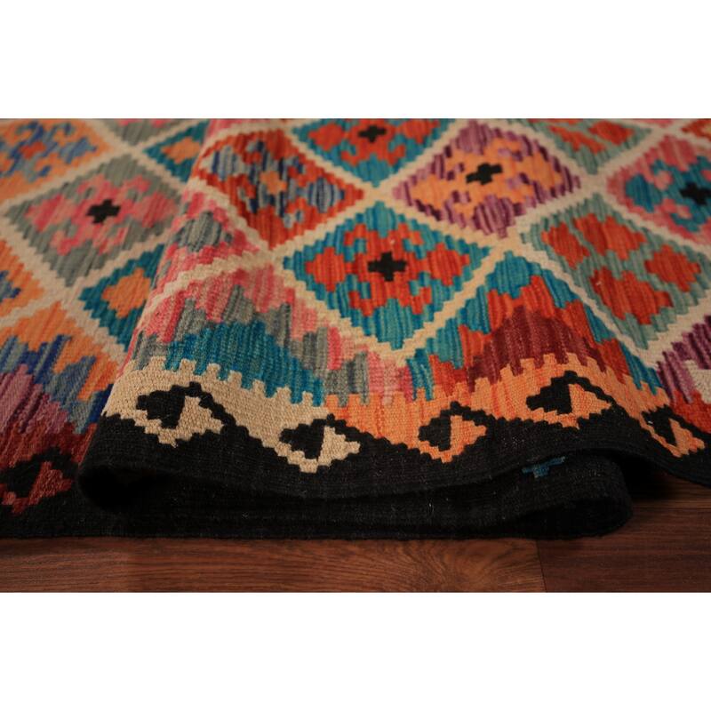 Flat Weave Trellis Kilim Oriental Area Rug Flatweave Wool Carpet - 7'10" x 11'5"