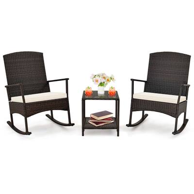 3 PCS Patio Rocking Set Wicker Rocking Chairs with 2-Tier Coffee Table