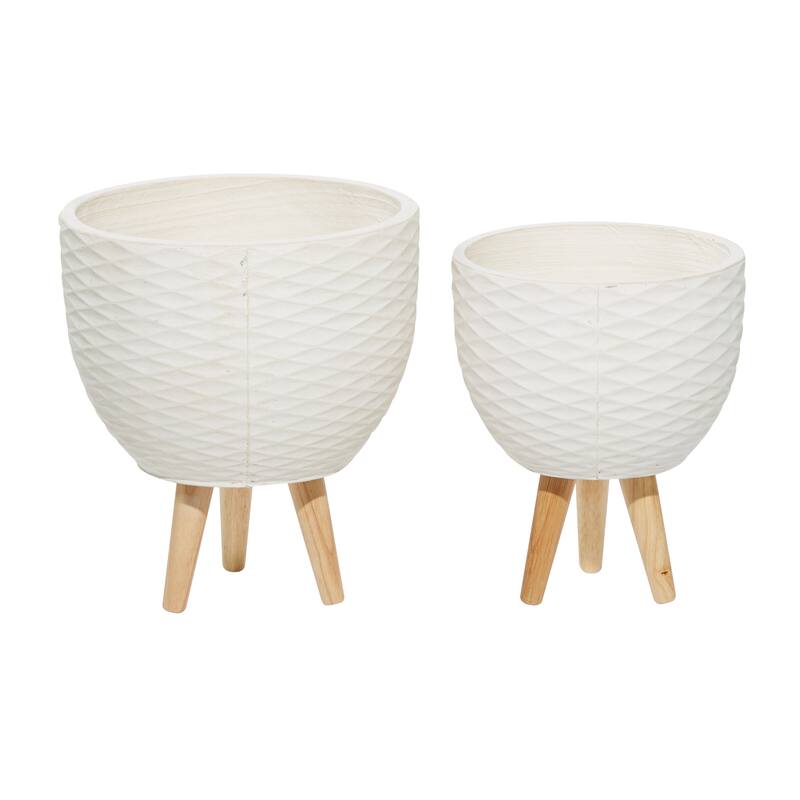 White or Gray Ceramic Indoor Outdoor Planter with Wood Legs (Set of 2)