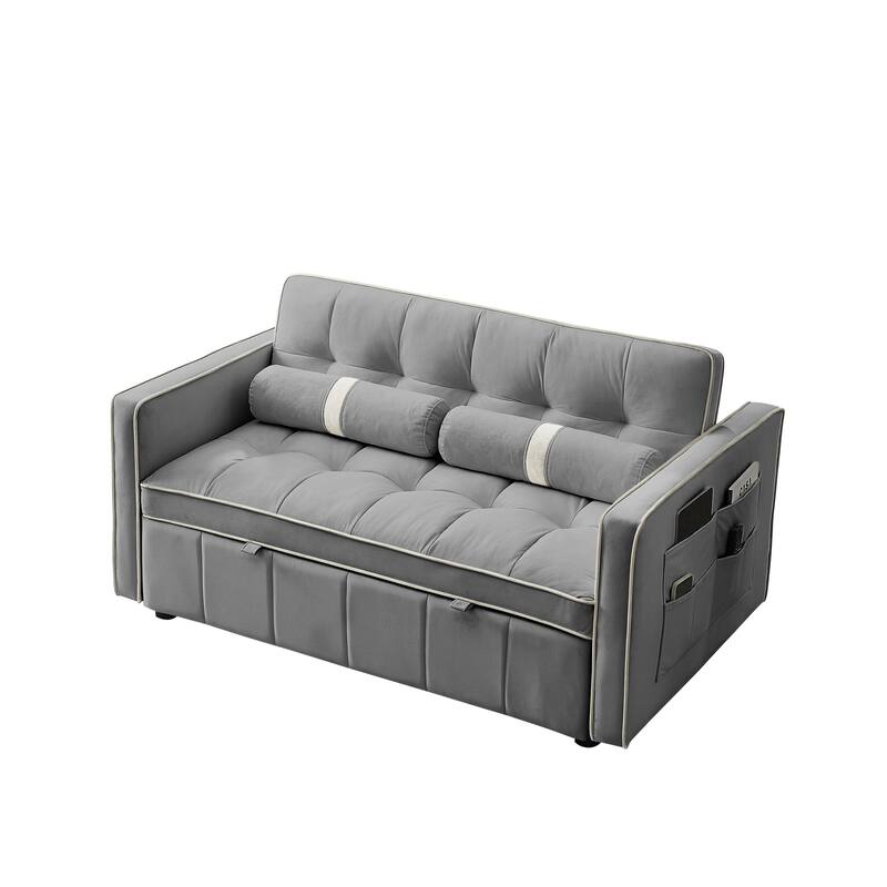 Velvet Sofa Bed with Adjustable Back and Storage Pockets, Multifunctional Sleeper Sofa