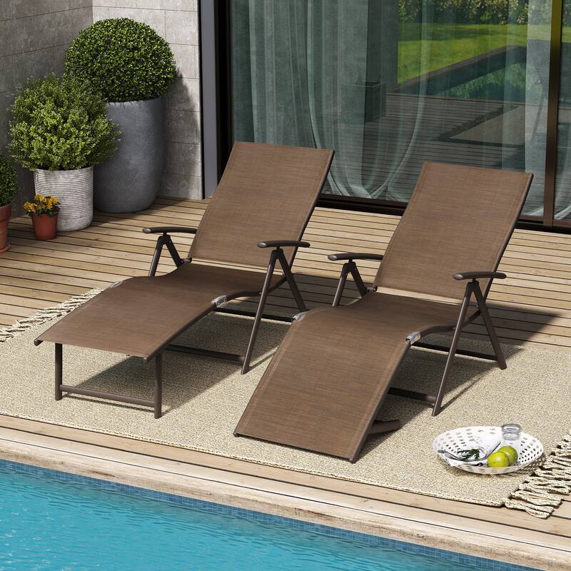 VredHom Outdoor Portable Folding Chaise Lounge Chairs (Set of 2) - 70" L x 20" W x 14" H - Brown