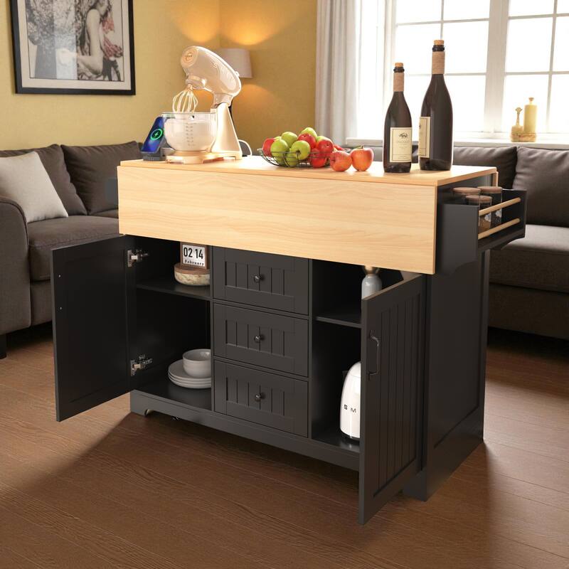 55.7" Large Kitchen Island with Dual Drop Leaf, Power Outlet, Rolling Kitchen Cart with Drawers & Storage Cabinet