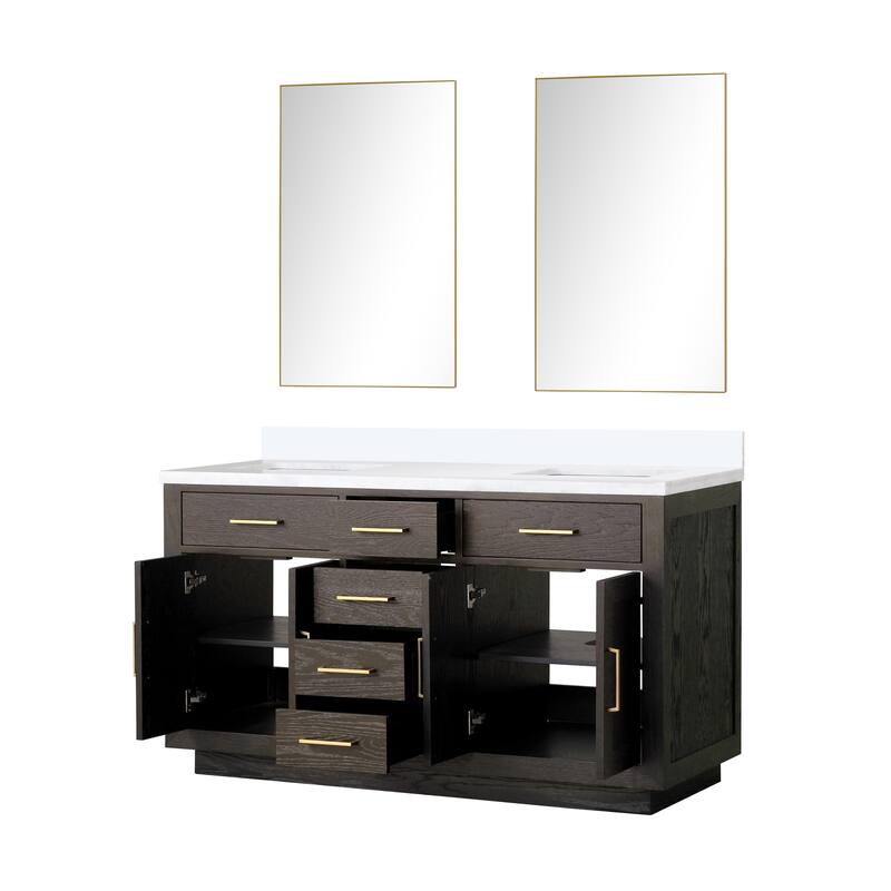 Abbey 60 in W x 22 in D Black Oak Double Bath Vanity, Cultured Marble Top, and 28 in Mirrors