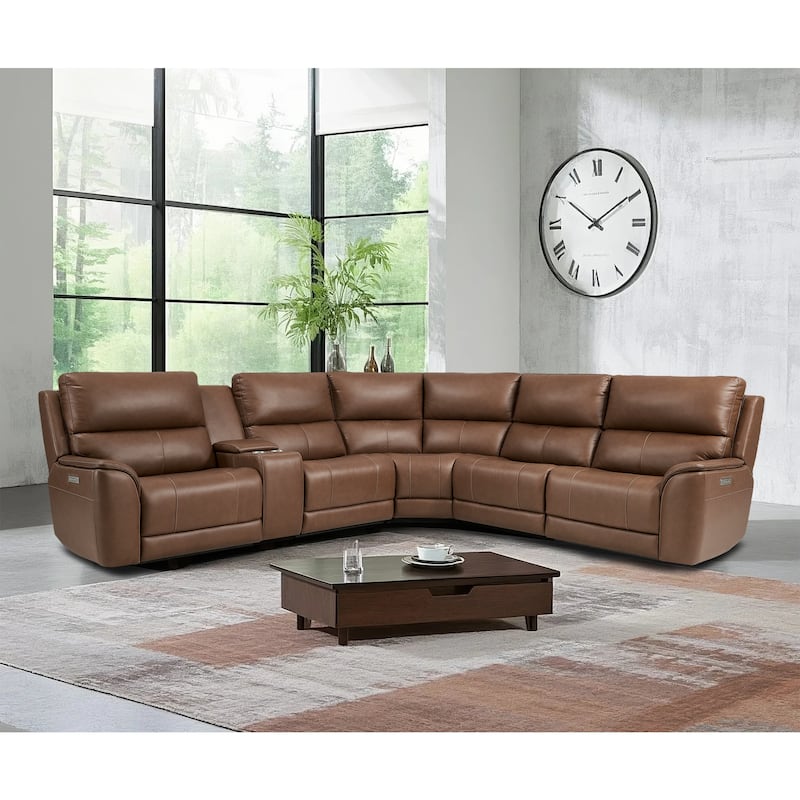 6PCS, 2 power Recliners, Double Width Genuine Leather Reclining Sectional with Power headrest, Zero Gravity - Light Brown