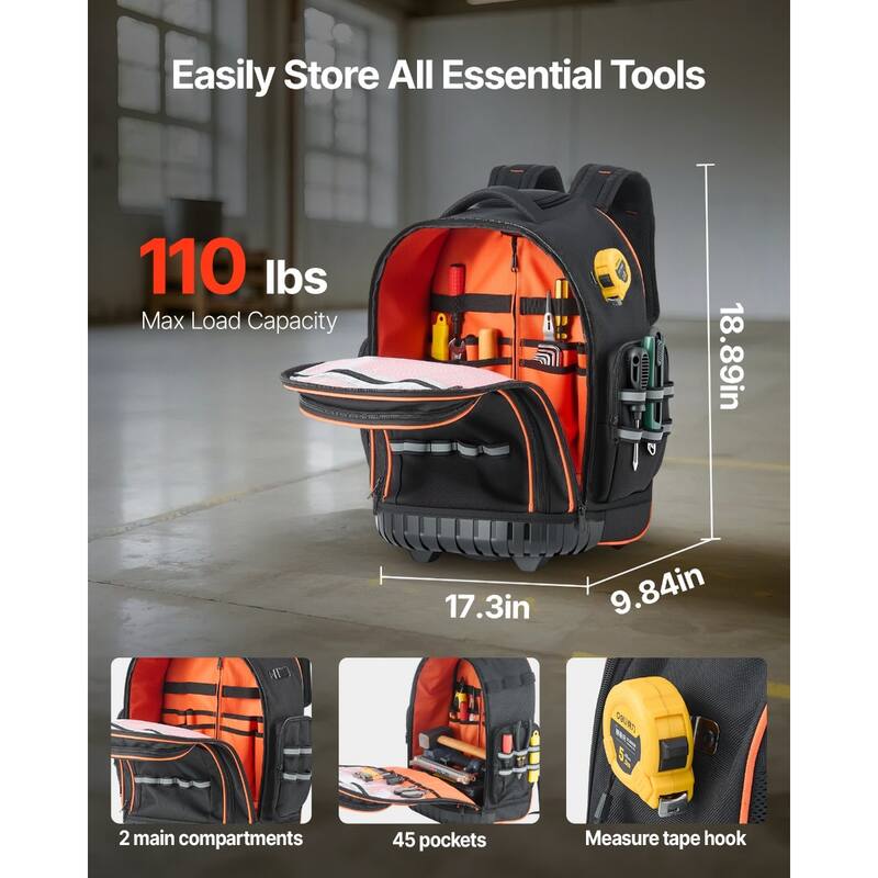 Rolling Tool Backpack with 45 Pockets and Wheels for Tools Storage - 17.3 x 9.84 x 18.89 in