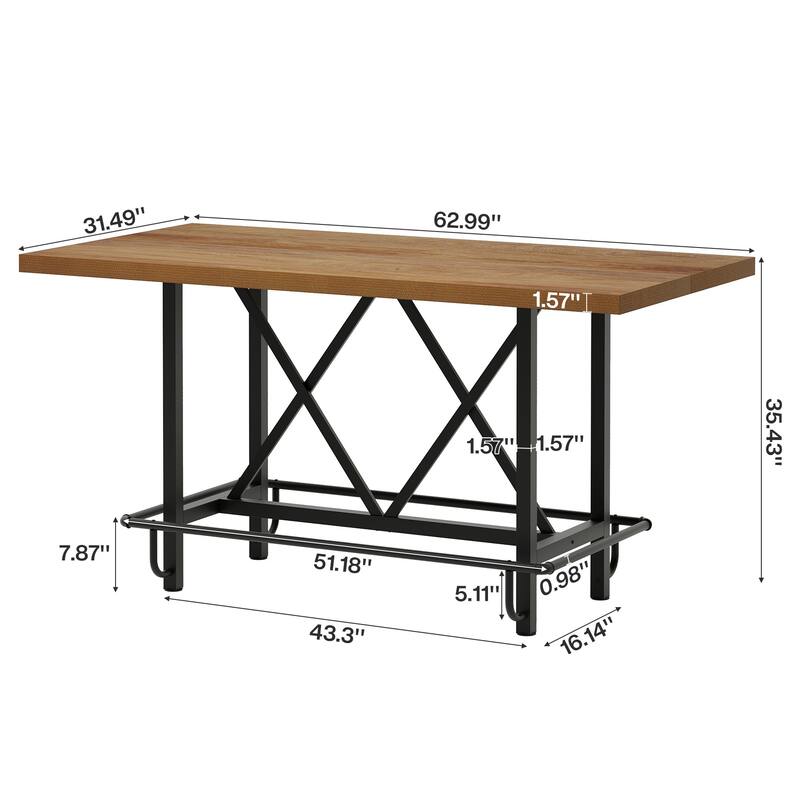 6-People Counter Bar Height Pub Table withe Footrest, Tall Bar Table with Thicken Wood Tabletop and Metal Frame for Home/Kitchen