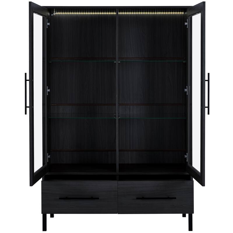 60'' Tall Display Cabinet with Tempered Glass Door, LED Lighting, 2 Drawers, Modern Storage Cabinet Book Display Cabinet